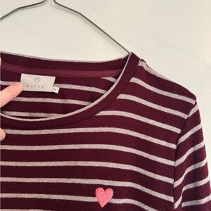 Kaffe Women's Maroon and Gray Striped Long Sleeve Top with Pink Heart
